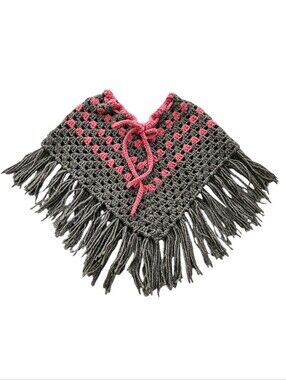 Handmade Crochet Fringe Poncho in Charcoal Gray & Pink New!